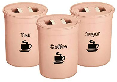 3 Piece Tea Coffee Sugar Canister Set 850ml Plastic Round Tea Coffee Sugar ContainerTin Airtight Storage Jars Set (Pink)