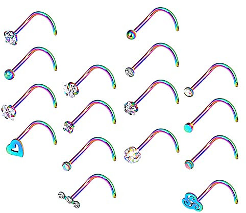 Longbeauty 16 Stück Edelstahl Piercing Set Nasenring Lippenring Stecker Ring Set Körper Piercing Set Nasenstecker C-Form Bunt