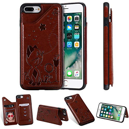 nancencen Kompatibel mit iPhone 7 Plus / 8 Plus Handyhülle, (Karten Slot) Flip Cover TPU Schutzhülle (Anti-Fall) für iPhone 7 Plus / 8 Plus -Katze und Schmetterling -Kaffeefarbe