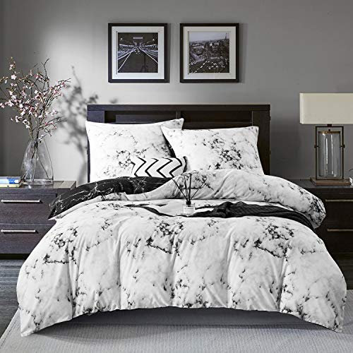 Gezu Marmor Bettwäsche 155×220cm Weiß Schwarz Grau Modern Wendebettwäsche Set Microfaser Bettbezug und 2 Kissenbezüge 80x80cm mit Reißverschluss