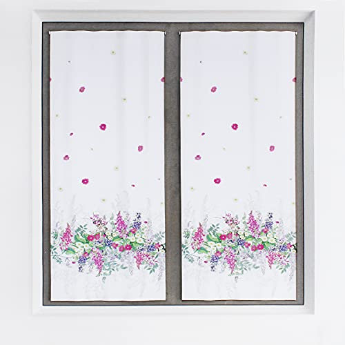 SaRani Tenda per Finestra Tendina Bianco a Fantasia Fiori Fucsia Colorata 2 Pannelli (60x150 cm)