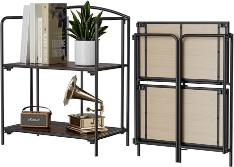 Crofy Klapp-Bücherregal, keine Montage, 2 Etagen, schwarz, Metall-Bücherregal zur Aufbewahrung, klappbares Bücherregal für Büroorganisation und Aufbewahrung, 32 x 57 x 72 cm (T x B x H)