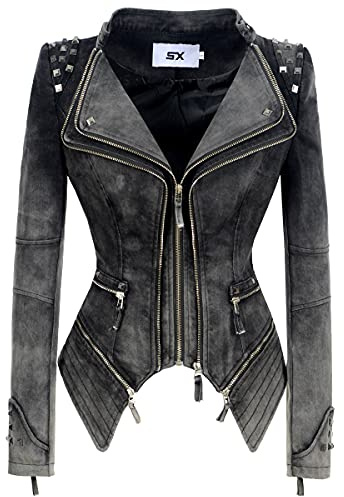 SX Damen Mode Frauen Moto Biker Jacke Asymmetrisch Reißverschluss Kunstleder Kurzmantel Jacke