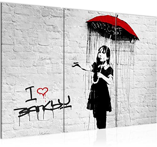 Runa Art Wandbilder Banksy Nola Umbrella Girl Bild XXL Loft Wohnzimmer Grau Rot Street Art 120 x 80 cm 3 Teilig 041131a