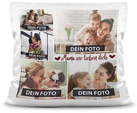 PR Print Royal Kissen mit Füllung zum selbst gestalten mit Foto-Collage für 5 Wunschfotos - Mama wir lieben Dich - mit Reißverschluss, Weiß flauschig, 40 x 40 cm