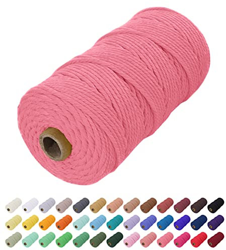 Uiopa Makramee Garn 2mm x 200m, Baumwollkordel Farbig Baumwollgarn Geflochten Baumwollseil, Natürliche Baumwollschnur für Wandbehang, Vorhang, Traumfänger, Hängepflanze, Deko (Wassermelone Rosa)