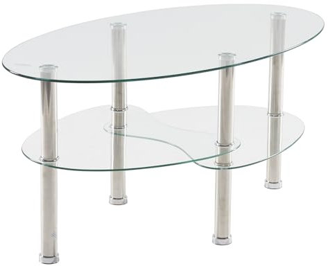 LEADZM Table Basse en Verre Trempé à 3 Couches - Ovale pour Salon, Bureau - 90 x 50 x 45 cm (Transparent)