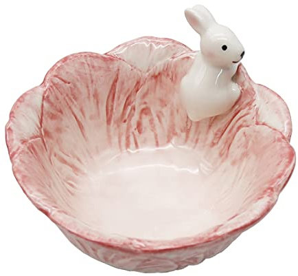 VIKKSAER Bol à ramen rose mignon en céramique, bol à salade en forme de lapin de Pâques, bol à salade en forme de lapin chou, bols à bonbons kawaii, micro-ondes disponibles, cadeau de cuisine pour les