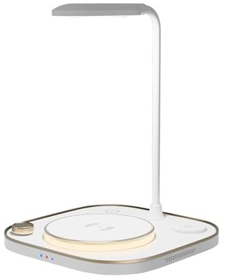 Lobwerk 4in1 LED Ladestation Tischlampe Qi Wireless Charger kabellos Leselampe Leuchte (Weiß)