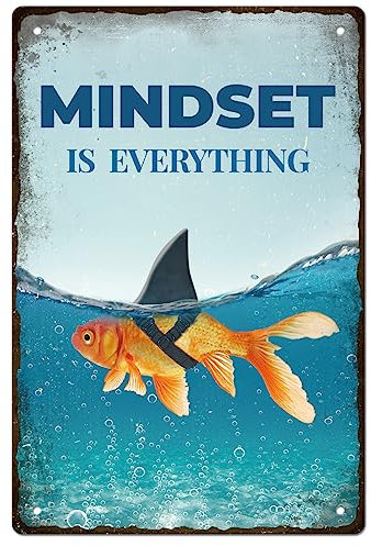 GLOBLELAND Goldfisch-Hai-Vintage-Metall-Blechschild Kunstplakette Poster Retro „Mindset Is Everything“ Metallwand-Dekorative Blechschilder 12x8inch Für Zuhause Küche Bar Café Club Sommer Dekoration