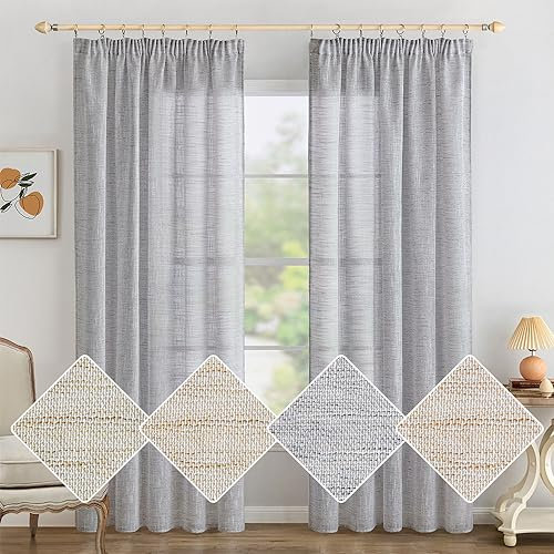 MIULEE Leinen Gardinen Vorhänge mit Kräuselband Wohnzimmer Gardine Vorhang Leinenoptik kräuselband Modern Voile Schienensystem Schlafzimmer 2er Set Weiß Grau 140x225 cm