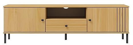 Woodroom Sevilla massives TV-Board eichefarbig lackiert Kiefer massiv 158x47x40 cm 1 offenes Fach 1 Schublade 2 Türen