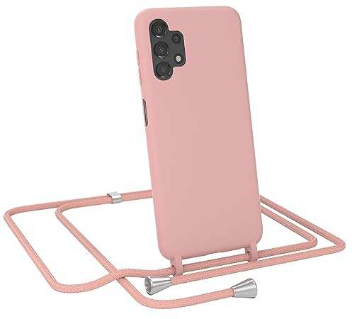 EAZY CASE - Schutzhülle mit Handykette - kompatibel mit Samsung Galaxy A13 (4G) Kameraschutz und Bildschirmschutz TPU Silikon Bumper in Kombi Alt Rosa mit Handyband Alt Rosa Clips Silber