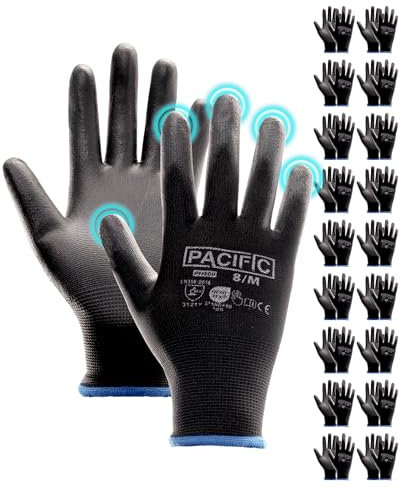 PACIFIC 18 Paare Schwarz Sicherheits-Arbeitshandschuhe – Rutschfeste PU-Beschichtung, Leicht & Atmungsaktive, Ideal für Allgemeine Arbeiten, Gartenarbeit, Arbeitshandschuhe Herren & Damen gr 8/M
