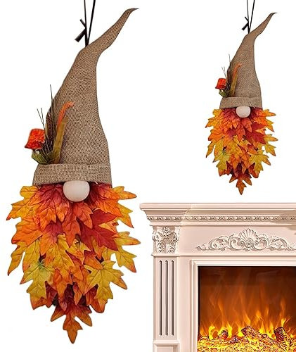Herbst-Türkranz, bunte Girlande mit Ahornblättern und Zwerg, saisonale Dekoration, rustikaler charmanter Kranz für Tür, Eingang, Wände, Veranda, Hof, Bauernhof Azoob