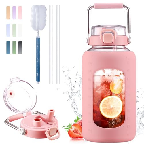 BLUEGO 2500ml Bouteille d'eau en verre avec poignée en acier inoxydable 2,5L Grande Gourd avec marqueurs de temps et manchon en silicone Carafe à eau Sans BPA pour sport, Rose