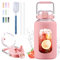 BLUEGO 2500ml Bouteille d'eau en verre avec poignée en acier inoxydable 2,5L Grande Gourd avec marqueurs de temps et manchon en silicone Carafe à eau Sans BPA pour sport, Rose
