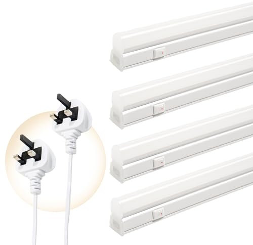 LED Batten Light 4ft with UK PLUG, 4 Packs 18W 2000lm, 4000K Workshop Lighting, T5 Wall and Ceiling Lighting, Connect Up to 6 LED Tube Lights with On/Off Switch, Applicable to Garage, Office, Shop
