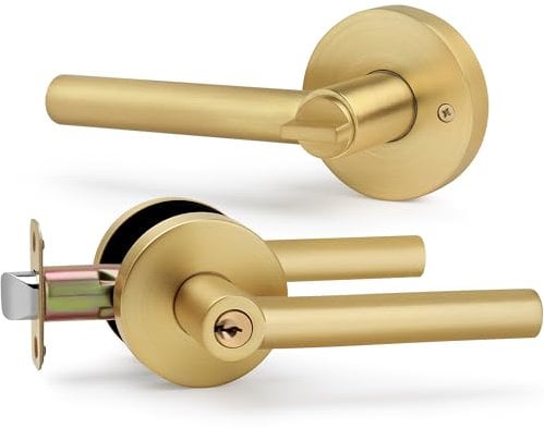 LOQRON Entry Door Handle with Lock and Keys, Round Design Heavy Duty Door Lever with Satin Brass Finish, Reversible for Left/Right Handed for Entrance and Front Door