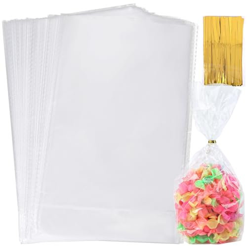 HAKACC 100 Stück Transparente Tüten für Süßigkeiten, Cellophantüten 15 x 25cm Transparente Quadratische Tasche für Süßigkeiten Mitgebsel Kindergeburtstag Gastgeschenke