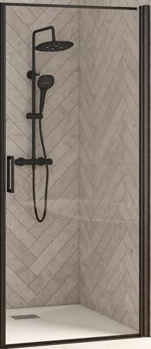 Porte de douche d'angle porte pivotante (à coupler avec paroi fixe) SMART Design largeur 80 cm hauteur 2,05m profilé noir verre transparent