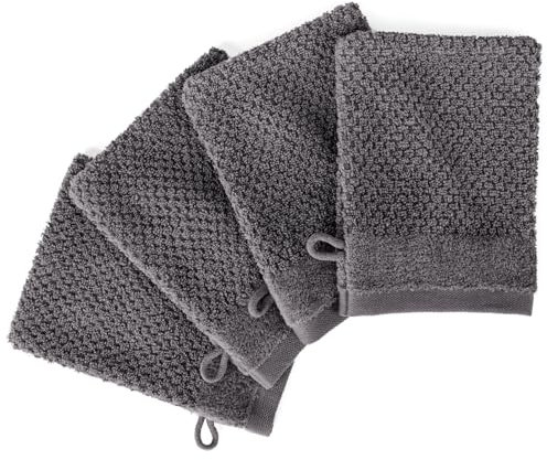 Pure Label 4-TLG. Waschhandschuh Set 16x21cm mit Anhängeschlaufe aus 100% Baumwolle, saugstark, weich und Oeko-TEX Zertifiziert - 4 Waschlappen aus Baumwolle, Anthrazit - Grau