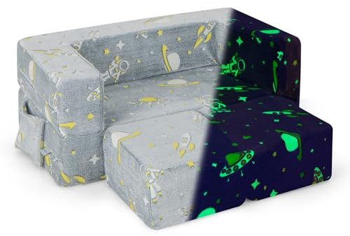 GOPLUS 4 in 1 Kindersofa mit Schemel, klappbarer Kindersessel mit Abnehmbarer Abdeckung & nachleuchtendem Muster & seitlichen Aufbewahrungstaschen, umwandelbares Spielsofa für Kinder, grau