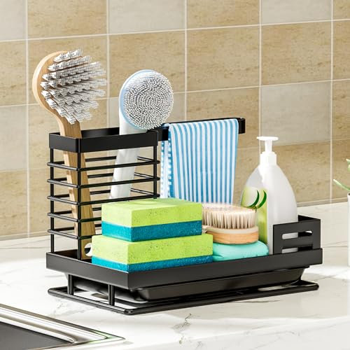 SOSINYA Organisateur d'évier de cuisine noir Égouttoirs Renfort supplémentaire - Porte-éponge, brosse - porte-torchon avec égouttoir