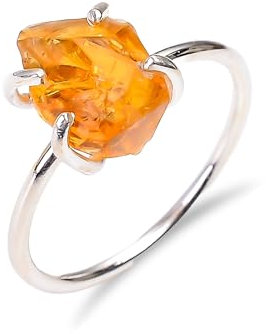 Citrin Natur 925 Sterling Silber Ring Verlobung Boho Ring Minimalistisch Zarter Ring Vintage Geburtsstein Rohring für Männer Frauen RR25-6