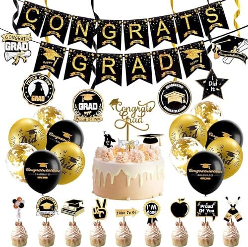 Abschluss Deko Set,Abschlussfeier Party Dekorations,Graduierung Fotorequisiten,Graduation Deko,Abitur Bachelor Deko,Schwarz Gold Graduation Deko mit Congratulations Banner