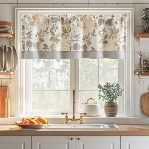 TOPICK Leinen Scheibengardinen Blickdicht Küchengardinen Gelb Frühling Tropischen Blatt Gardinen Landhausstil Verdunkelnd Vorhänge Kurz Bistrogardine Volant 1er Pack Gelb auf Beige 40B x 125H(cm)