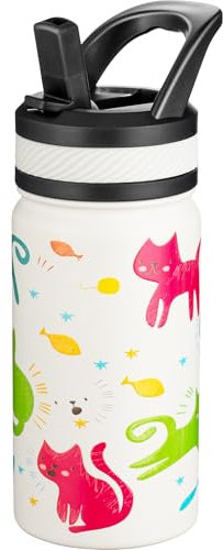 Fanhaw 420 ml Kids Insulated Water Bottle with Straw - Stainless Steel Double Wall Vacuum Cup, Leakproof, BPA Free, Suitable for Boys and Girls(White - Cats)