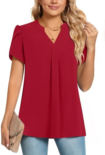 POPYOUNG Womens Summer Casual Chiffon Petal Sleeves Office Blouses V Neck Business Tops Work Shirts 3XL,Red