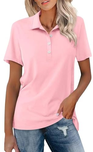 Polo da donna a maniche corte, funzionale, traspirante, per polo da tennis, estivo, con bottoni, da golf, da donna, Colore: rosa., L