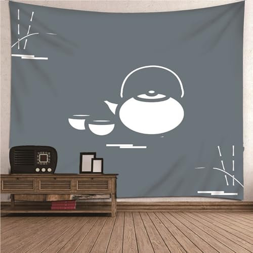 Tuch Wand Wall Tapestry Aesthetic Grau Weiß Teekanne und Teetasse Aus Bambus Mikrofaser Wanddecke Deko Upgrade Weich 200X200cm （Breite x Höhe）