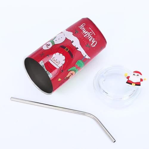 Dorclife Weihnachts Wasserbecher Trinkbecher 460ML Weihnachtsbaum Getränkebecher mit Strohhalm und Deckel Xmas Kaffeetasse doppelwandiger Isolierter Becher für Weihnachtsfeier Geschenke (Rot)