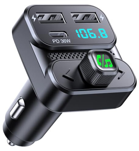 Mohard Bluetooth Coche, Transmisor FM BT 5.3 Coche con PD 36W + Doble USB Cargador Rápido Adaptador, Kit Manos Libres Inalámbrico Reproductor Música, Asistente Siri & Sonido Hi-Fi