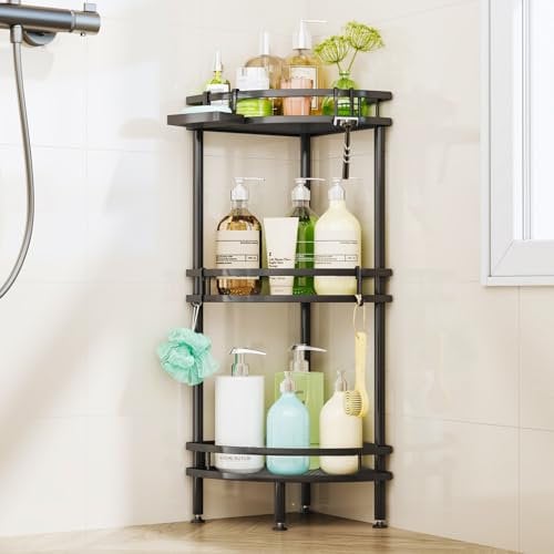 HapiRm Duschablage ohne Bohren Ecke - 3 Stück Duschregal Stehend Duschregal Ohne Bohren mit Aufbewahrungsbox & 4 Haken, Freistehendes Badezimmerregal Duschkorb für Badezimmer Shampoo & Duschgel