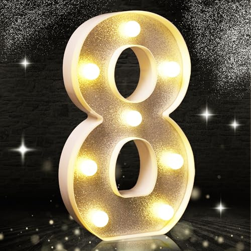 Silberfarbene Glitzer-Dekoration mit LED-Licht, Zahl 8, geeignet für Geburtstagsparty-Dekoration, Babyparty, Hochzeitshintergrund, Heimdekoration, 21,6 cm, silberfarbene Zahl 8 (warmweiß)