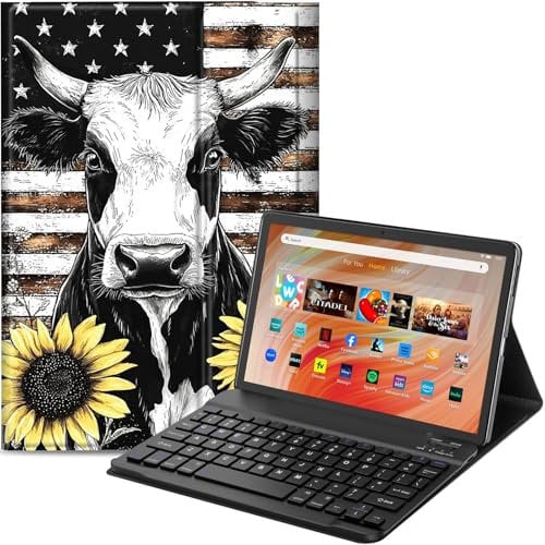 Qindaiwen Keyboard Case for Amazon Fire HD 10 Tablet (13th/11th Generation,2023/2021 Release) 10.1, PU Leather Stand Cover with Detachable Bluetooth Keyboard, Cow Sunflower