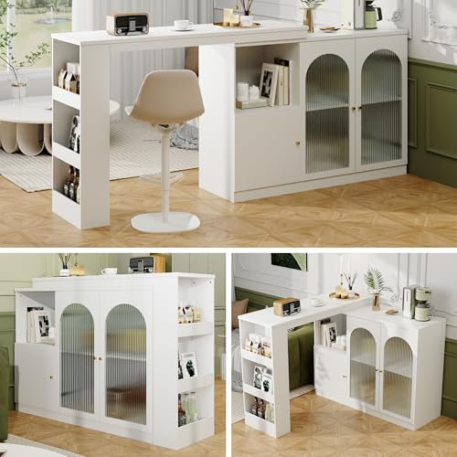 Moderner ausziehbarer Bartisch,Ausziehbarer Esstisch mit Stauraum, Stehtisch Bistrotisch, Um 360° drehbar, für Esszimmer und Küchen (Weiß, 120x40x97 cm)
