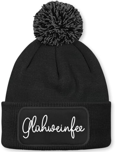 Prozente Momente Glühweinfee - Beanie mit Bommel | Strickmütze | Wollmütze | Beanie mit Druck | lustige Sprüche | Apres-Ski | Winter | Schwarz