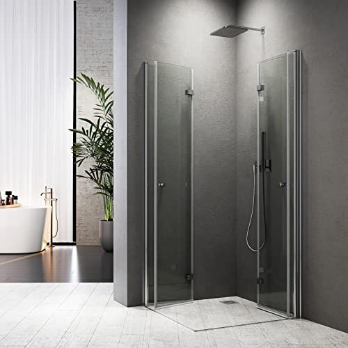 Duschkabine 80x120cm Eckeinstieg Dusche Doppel Falttür 180º Duschabtrennung aus 6 mm NANO-Glas Duschkabine Scharniertür,Kann auf Einer Duschwanne Oder auf dem Boden Montiert Werden,Höhe 185cm