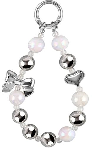 Herz Schleife schlüsselanhänger Damen Weiß Silber Perlen Heart Bow Taschenanhänger Damen Key Chain Acryl Bow Bag Charms Taschen Anhänger Tasche Cute Keychain Aesthetic Bowknot Autoschlüsselanhänger