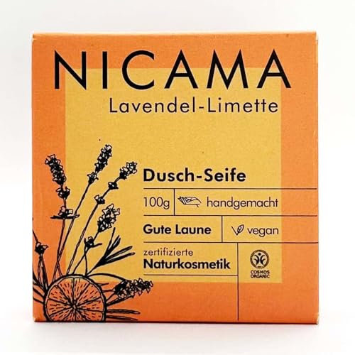 Nicama - Duschseife Lavendel-Limette (COSMOS) – 100g - Naturseife ohne Plastik, Vegan, Palmölfrei, Tierversuchsfrei