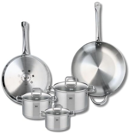 ELO 9509850 Batterie de cuisine 5 pièces, Ensemble de 2 Poêles de cuisson 28 et 32 cm et 3 faitouts 14, 16 et 20 cm Elo Profi Citrin, inox, induction