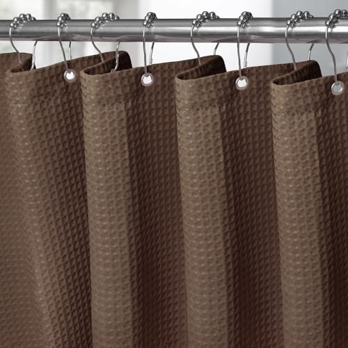 VANZAVANZU Waffel Duschvorhang mit Metall Duschvorhangringe Stoff Textil Badewannenvorhang Anti Schimmel Bad Vorhang Set Wasserdicht Schwerer Badewanne Vorhang - 182 x 182cm (Braun)