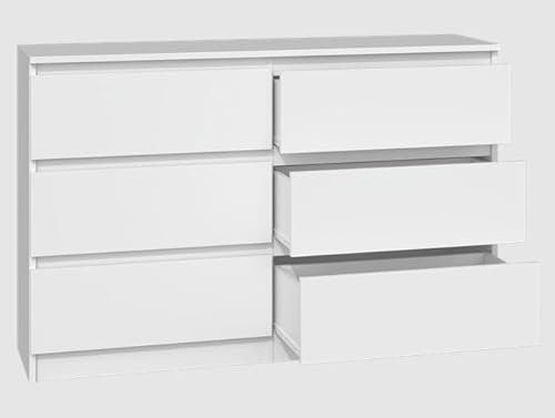 BDW - Kommode 120, Malwa M6 - Highboard 6 Schubladen - 120 cm - Für Wohnzimmer, Schlafzimmer oder Büro - Schlichtes und minimalistisches Design - Weiß