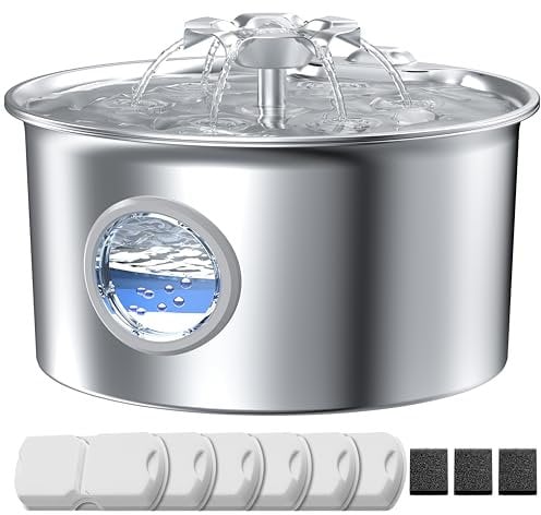Fontaine Eau Chat INOX Automatique: 2,6L Distributeur Eau Chat Silencieuse - Distributeur Chien INOX - Cascade de Fleurs - avec Fenêtre de Niveau D’Eau - avec 6 Filtres + 3 éponges