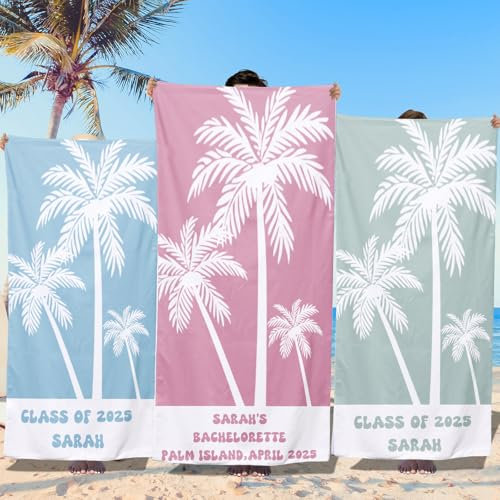 Damywa Personalised Beach Towel for Adults,Custom Coconut Tree Towels with Names,Family Summer Vacation Trip Gifts,Pool&Birthday Party Towels for Weekend